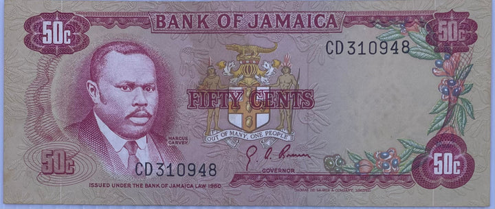 1960 Jamaica 50 Cents P-53 used banknote from 1970