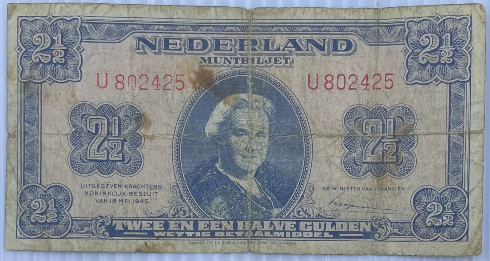 1945 Netherlands 2 1/2 Gulden P-71 Circulated World Banknote WW2
