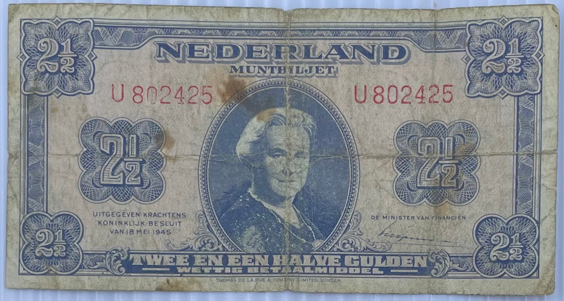 1945 Netherlands 2 1/2 Gulden P-71 Circulated World Banknote WW2