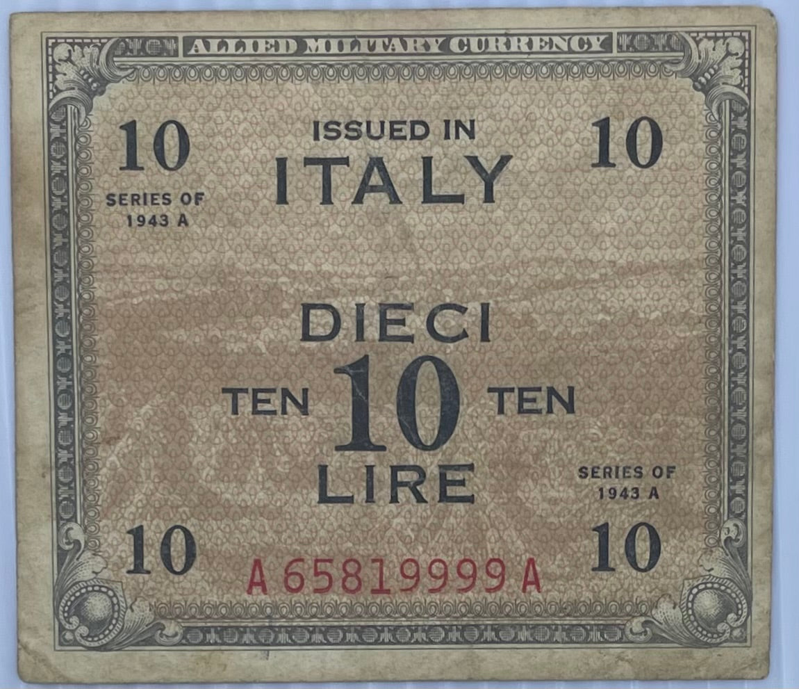 Italy 1943 10 Lire WW2 MPC used banknote