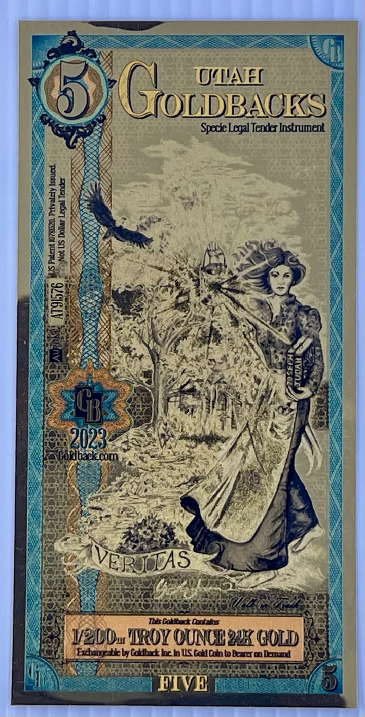 Utah 5 Goldbacks UNC 1/200th oz 24kt .999 Fine Gold Banknote