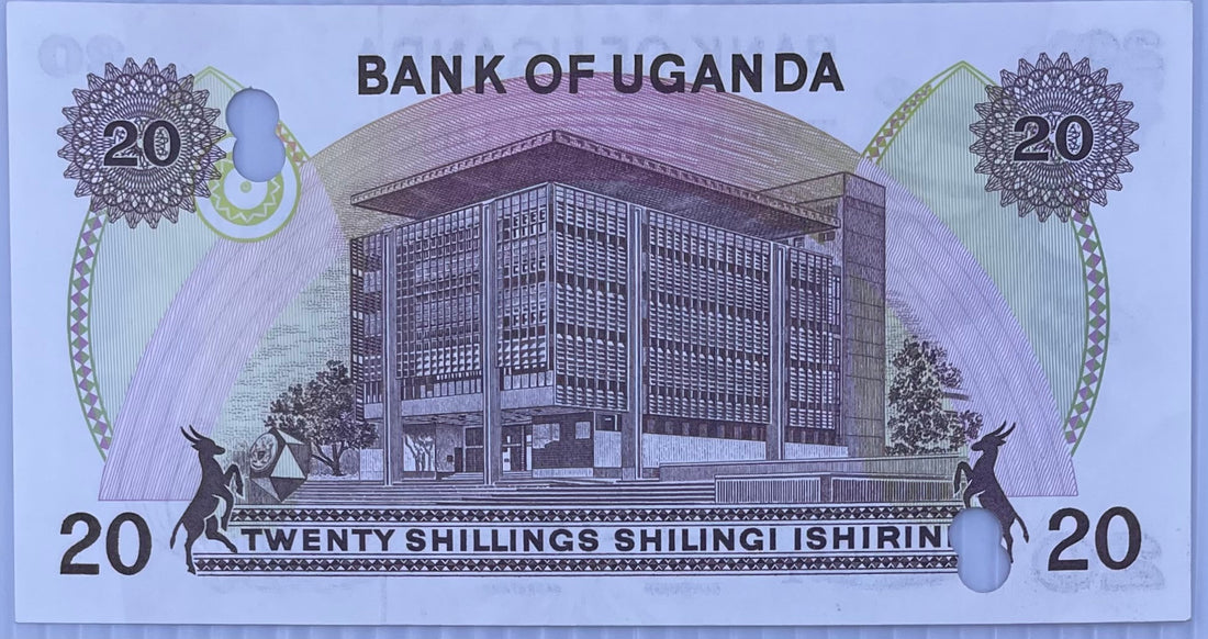 1977(ND) Uganda 20 Shillings P-7 AU Cancelled World Banknote