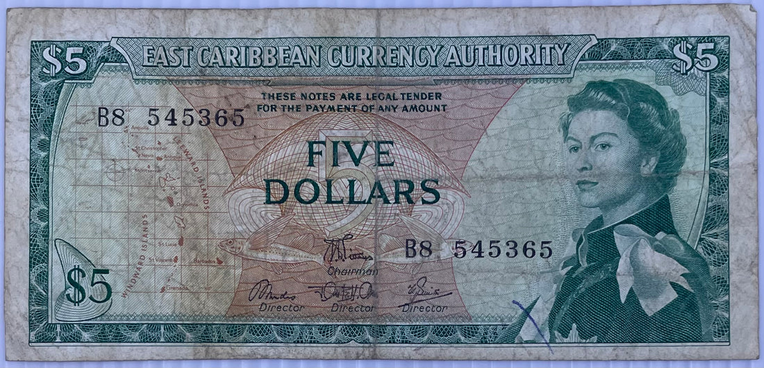 1965 East Caribbean States $5 Dollars P-14e QEII Circulated World Banknote
