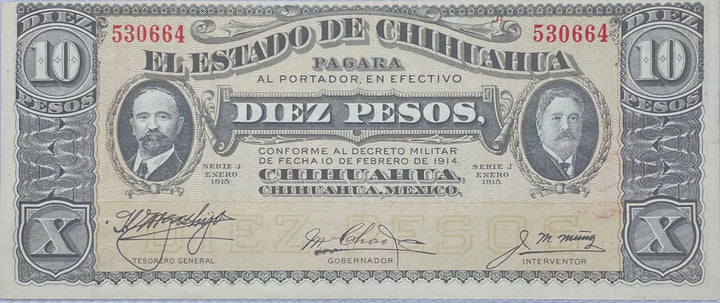 1914 Mexico Chihuahua 10 Pesos P-S533 Banknote
