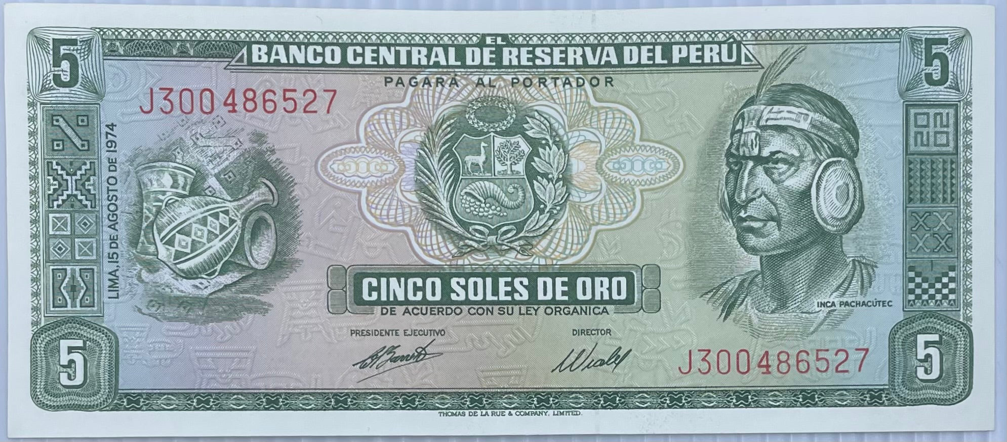 1974 Peru 5 Soles banknote featuring Antonio Raimondi portrait and Peruvian coat of arms in uncirculated condition