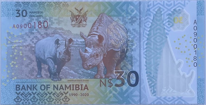Namibia 2020 30 Namibia Dollars polymer banknote featuring Dr. Sam Nujoma and Parliament building, UNC commemorative currency