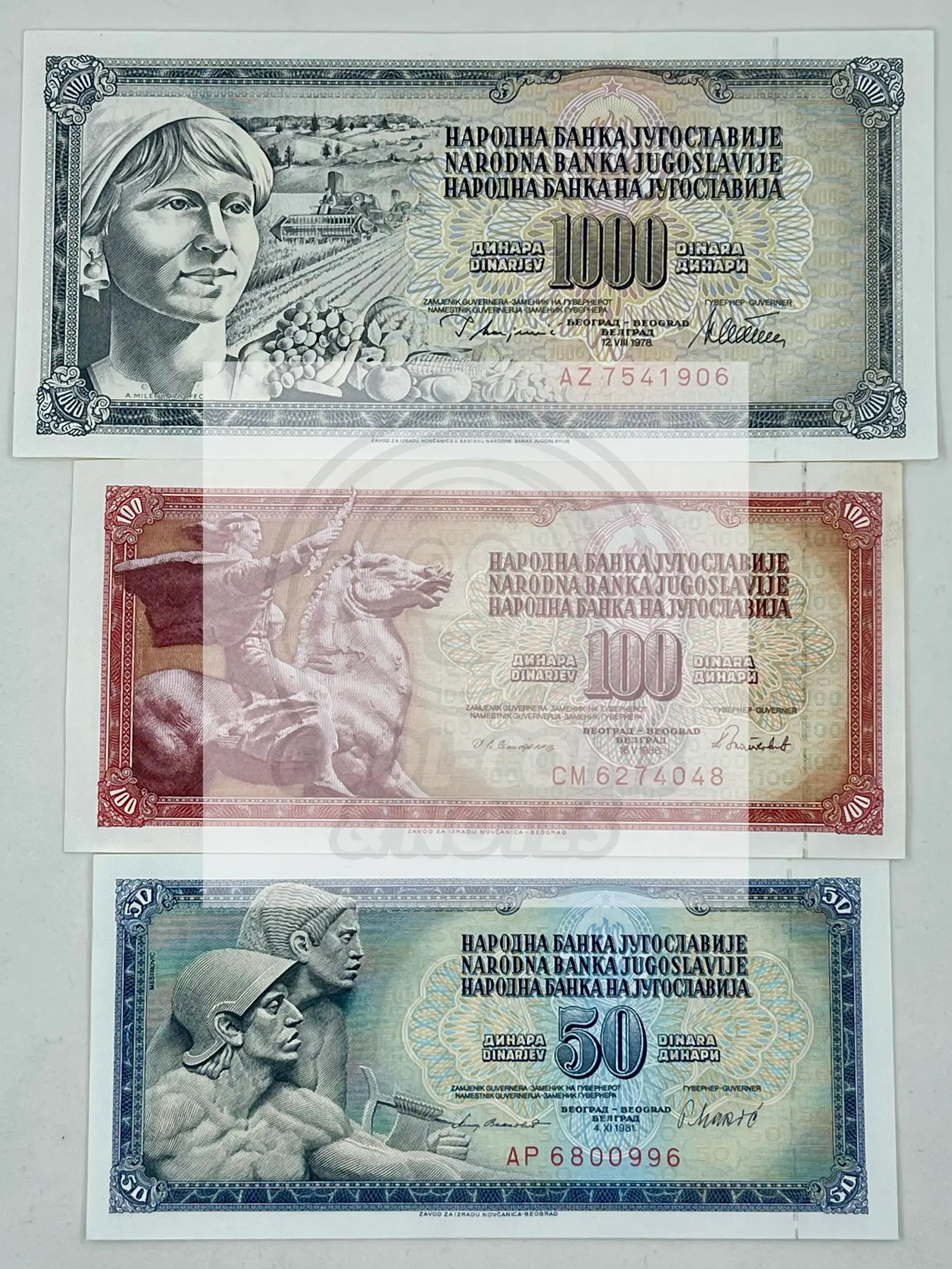 Three Yugoslavian banknotes 50, 100, 1000 Dinara from 1978 to 1985 in AU condition