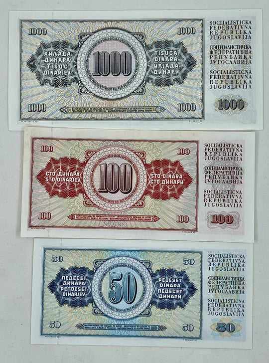 (3) YUGOSLAVIA 50, 100, 1000 Dinara 1981/1985/1978 AU Banknotes - Cool Coins & Notes