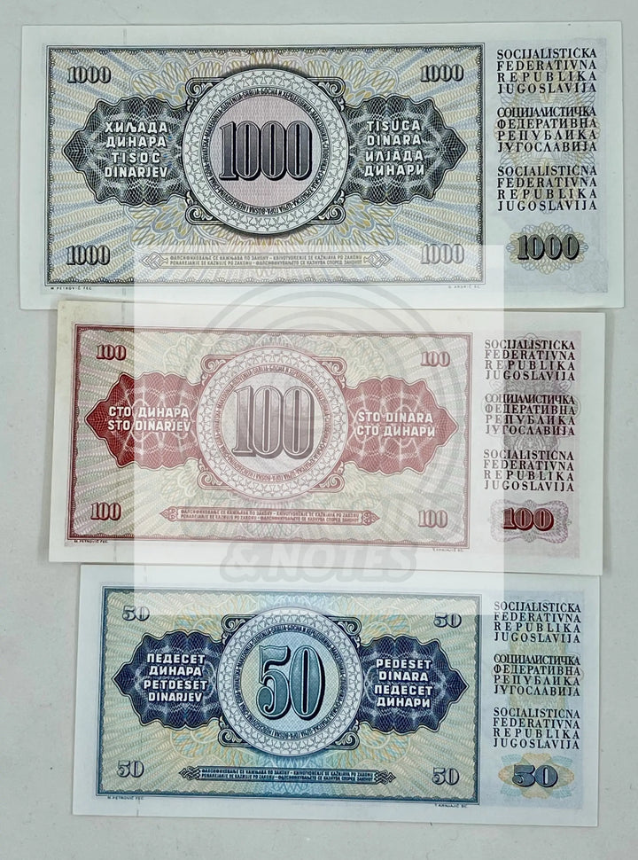 (3) YUGOSLAVIA 50, 100, 1000 Dinara 1981/1985/1978 AU Banknotes - Cool Coins & Notes