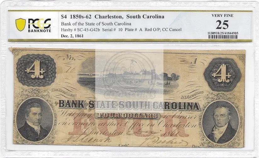 $4 1850’s-62 Charleston, South Carolina Note VF 25 - Cool Coins & Notes