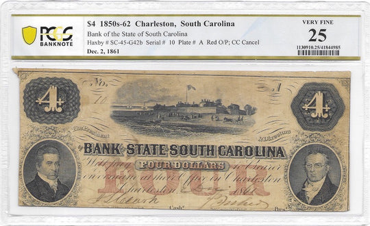 $4 1850’s-62 Charleston, South Carolina Note VF 25
