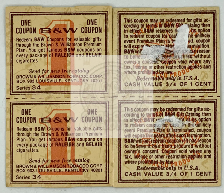 Set of 4 vintage Brown & Williamson coupons from Raleigh and Belair series with detailed mid-20th century tobacco designs