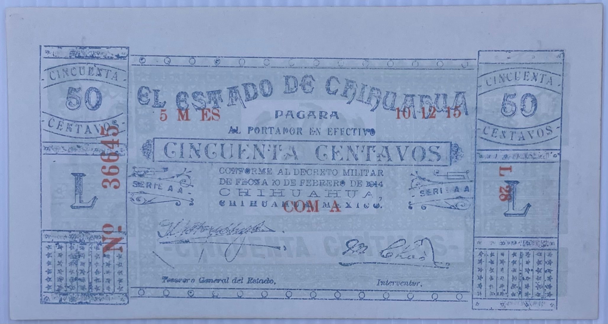1914 Mexico 50 Centavos  P-S527 M#918b  Banknote UNC