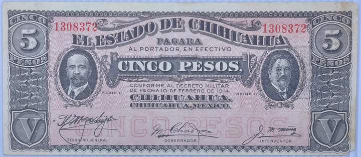 1914 Mexico Revolutionary El Estado De Chihuahua 5 Pesos P-531F Series C Used World Banknote