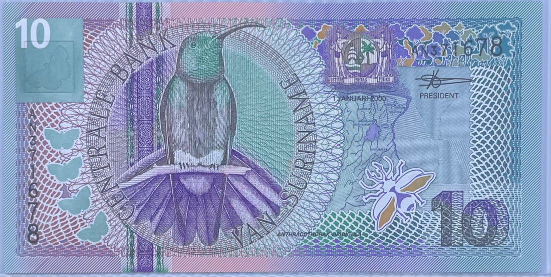 2000 Suriname 10 Gulden banknote featuring a hummingbird design in uncirculated condition