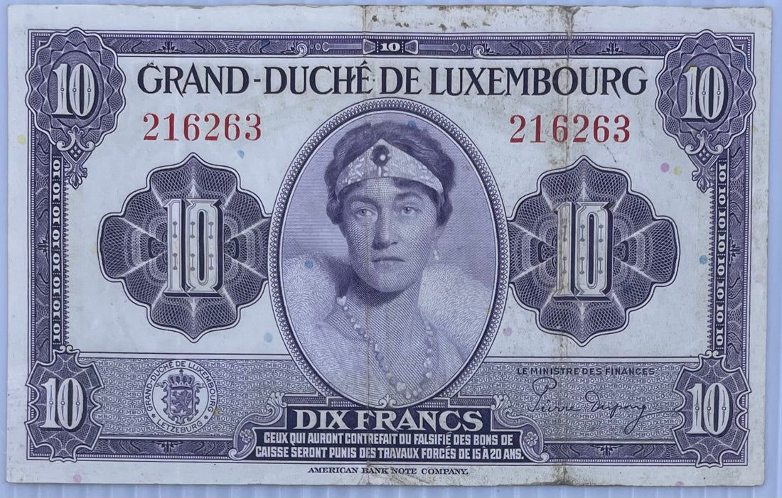 Luxembourg 10 Franc 1944 P44 vintage banknote displaying intricate designs and historical significance