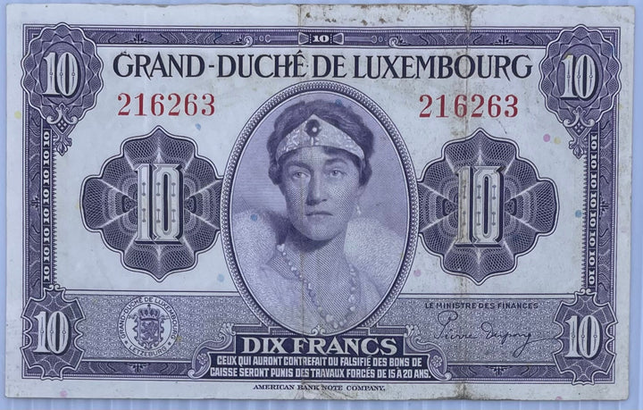 Luxembourg 10 Franc 1944 P44 vintage banknote displaying intricate designs and historical significance