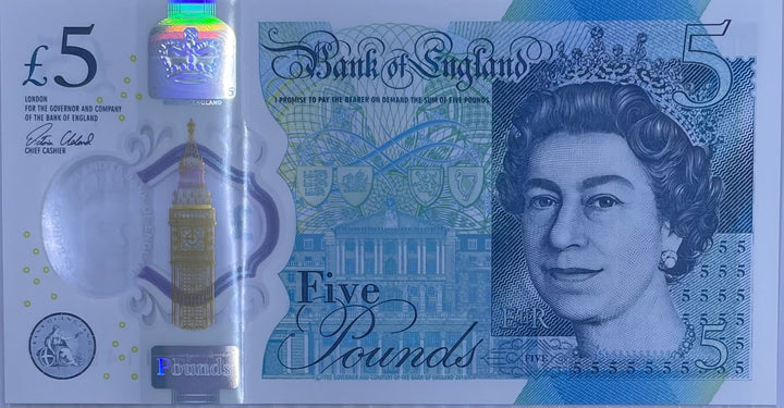 England 2015 5 Pounds P394 UNC Polymer Churchill Queen Elizabeth