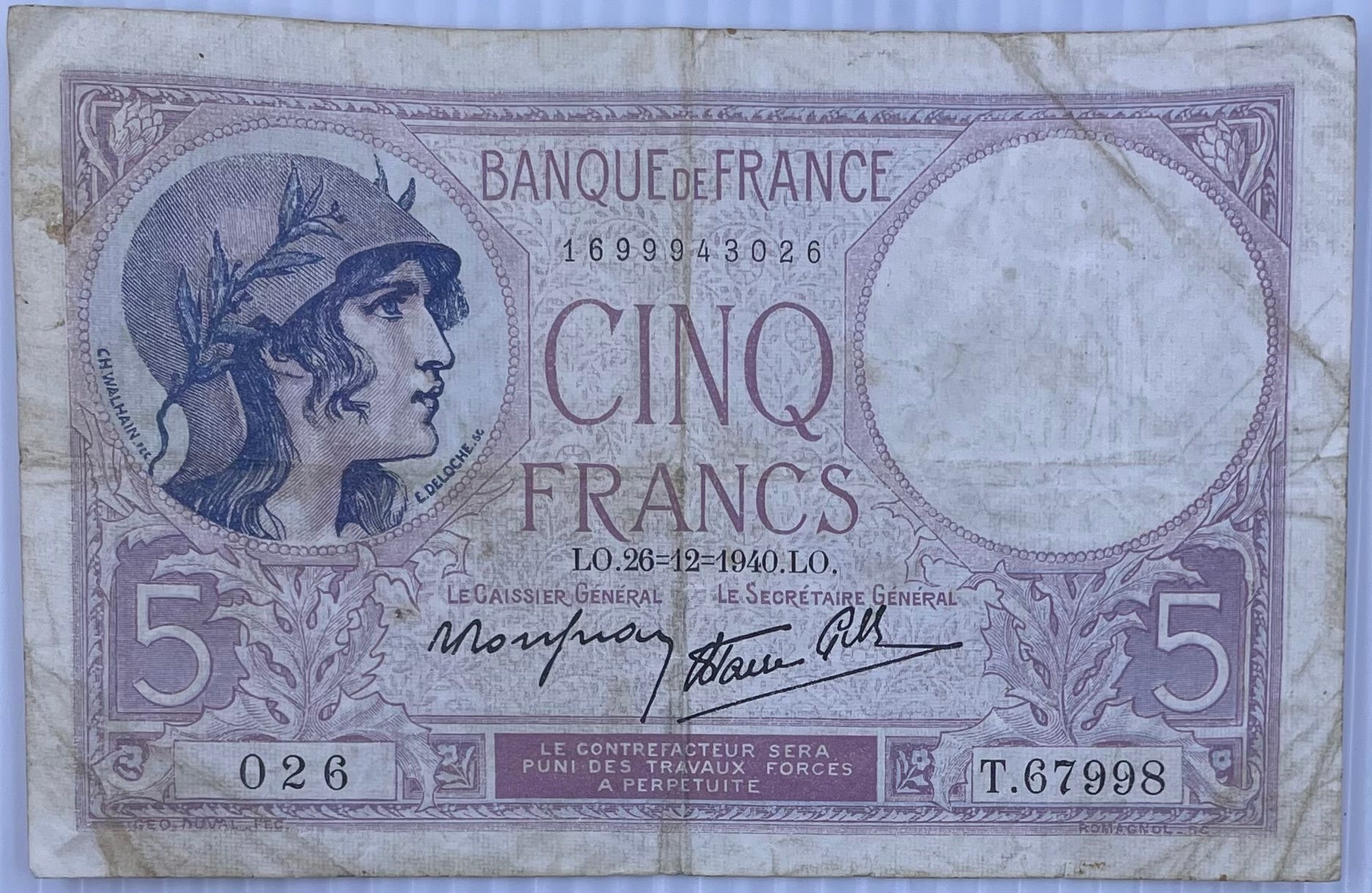 1940 France 5 Francs WW2 Circulated World Banknote From Lot