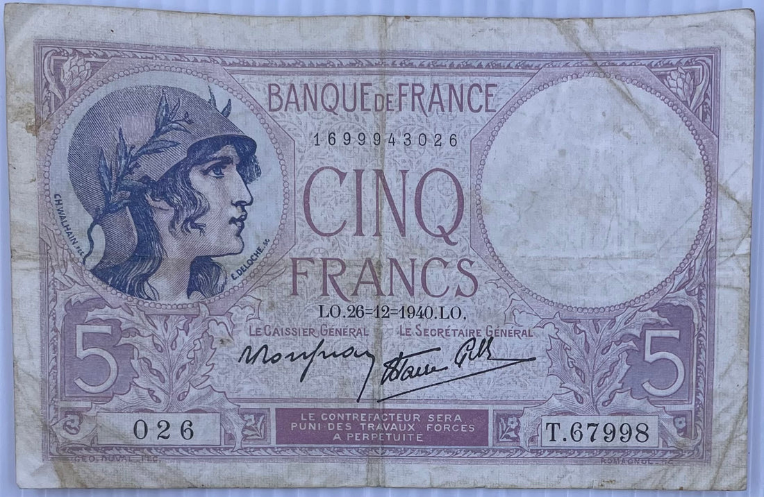 1940 France 5 Francs WW2 Circulated World Banknote From Lot