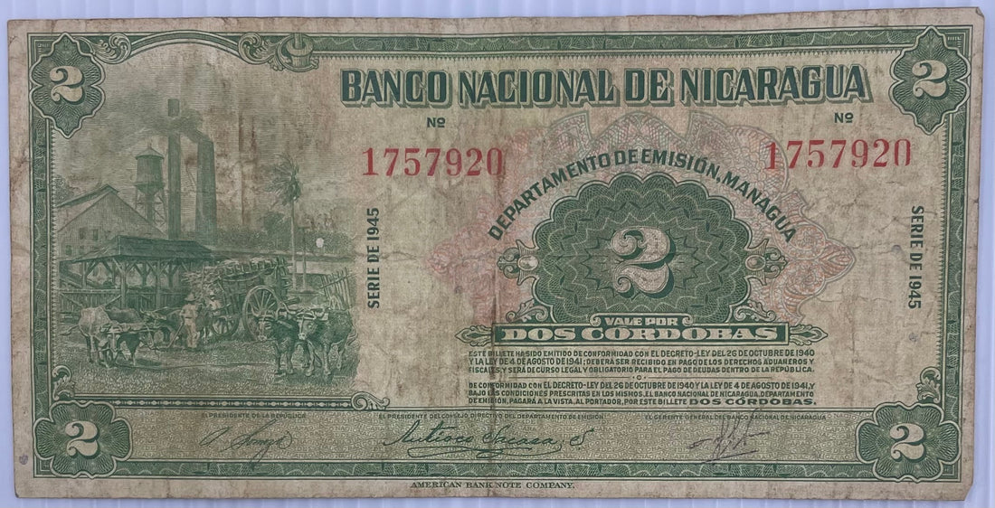 1951 Nicaragua 2 Cordobas P-92b Used World Banknote From Lot