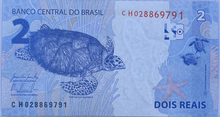 2010-2015 ND Brazil 2 Reais P-252b UNC Turtle World Banknote