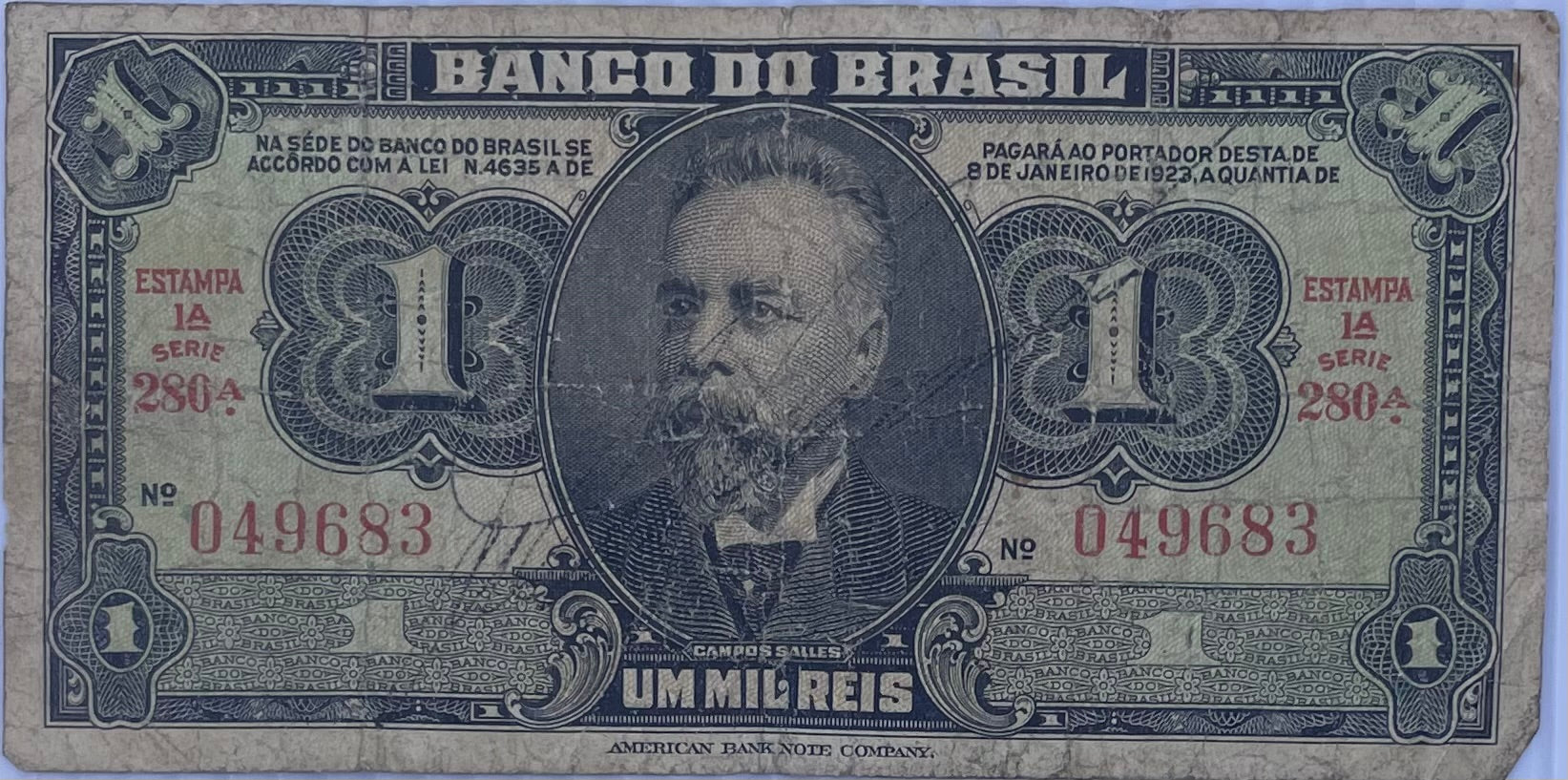 Brazil 1944 1 Mil Reis/1 Cruzeiro P-131 Used World Banknote Currency