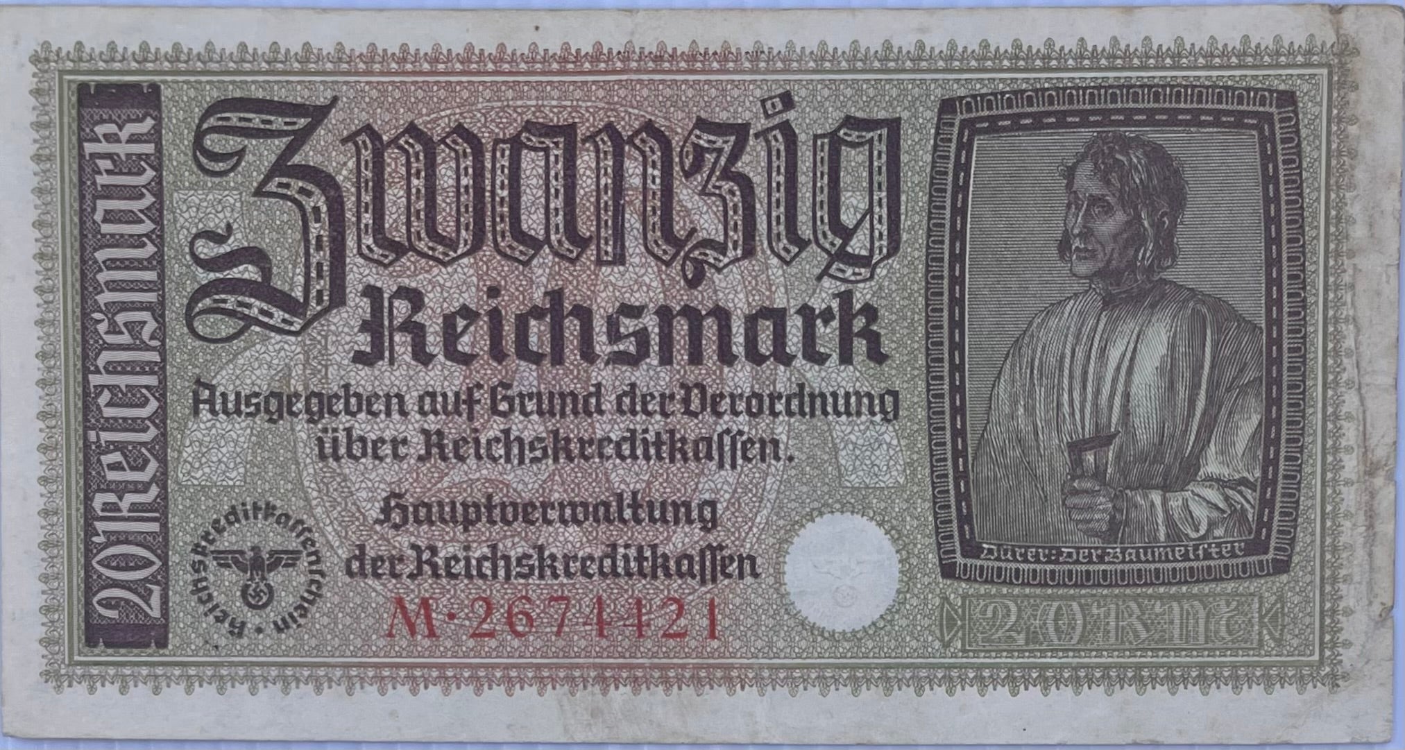 Germany 1940 20 Reichmark WW2 banknote P-R139 with Nazi-era design and symbols