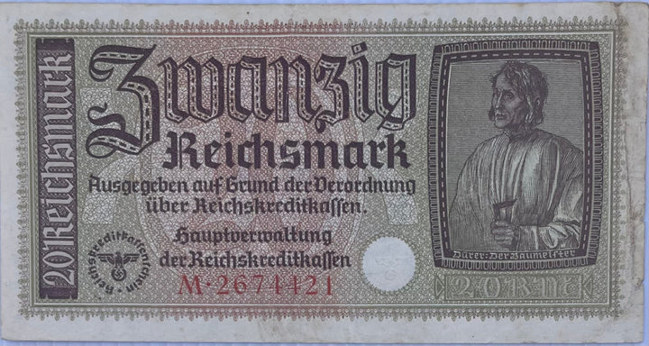 Germany 1940 20 Reichmark WW2 banknote P-R139 with Nazi-era design and symbols