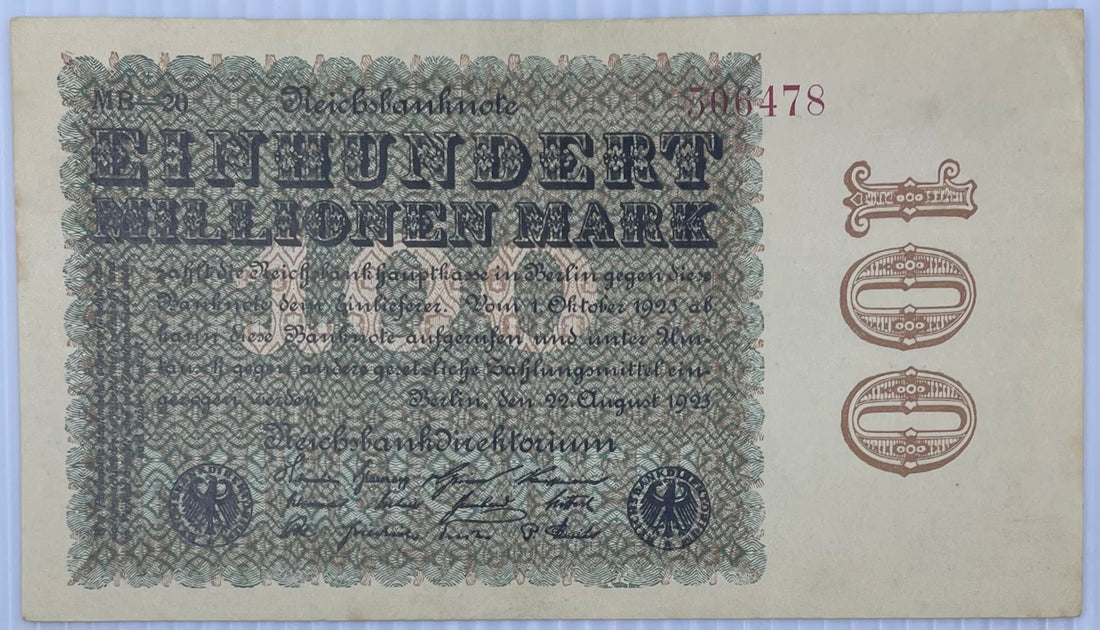 1923 Germany 100 Million Mark P-107 AU World Banknote