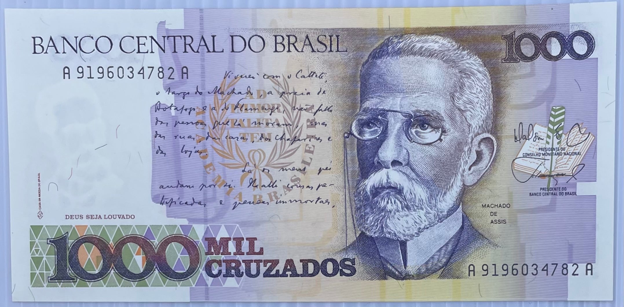 1988 Brazil 1000 Cruzados banknote P-213b featuring Heitor Villa-Lobos portrait in uncirculated condition