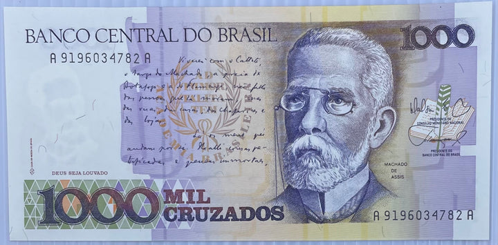 1988 Brazil 1000 Cruzados banknote P-213b featuring Heitor Villa-Lobos portrait in uncirculated condition