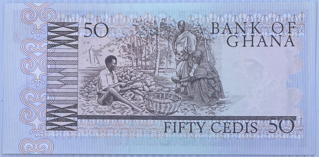 1980 Ghana 50 Cedis banknote featuring Kwame Nkrumah portrait and Bank of Ghana building in uncirculated condition