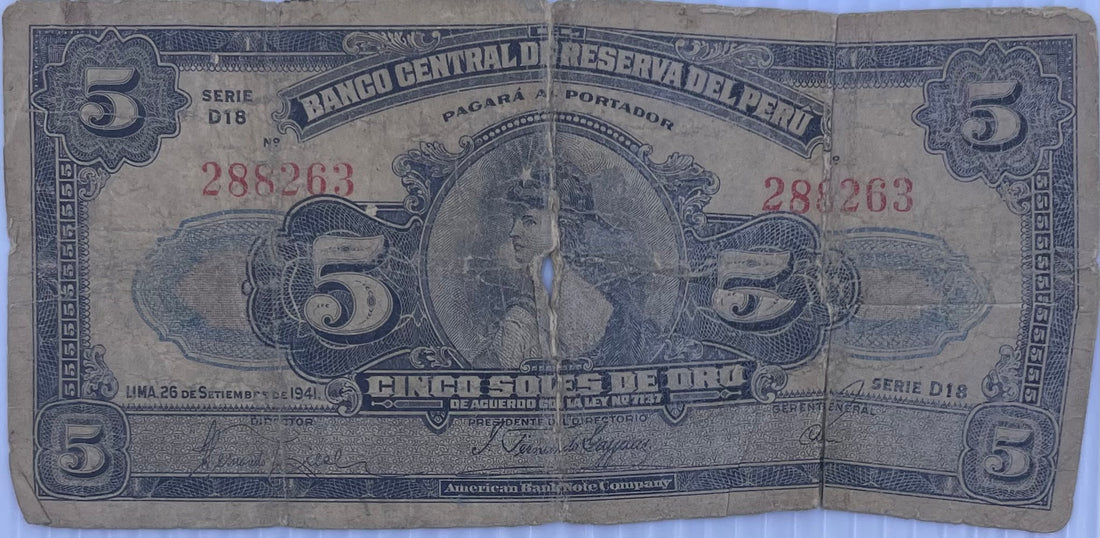 1941 Peru 5 Soles De Oro Used World Banknote