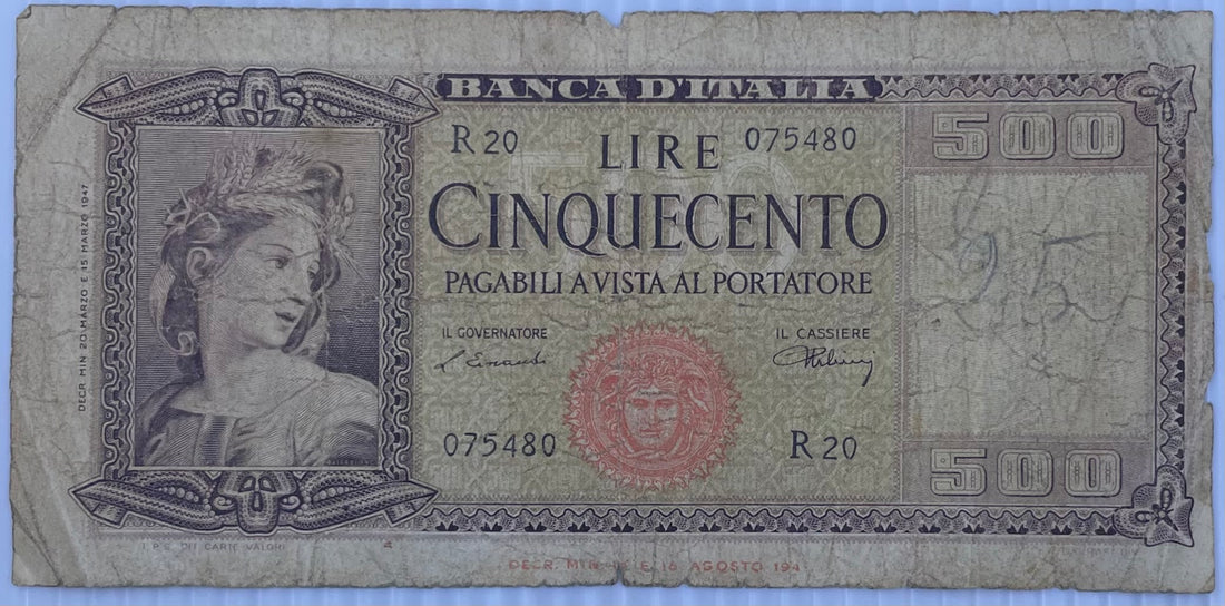 1947 Italy 500 Lire P-80 Circulated World Banknote