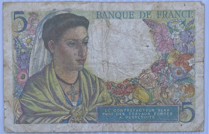 1943 France 5 Francs WW2 Circulated World Banknote