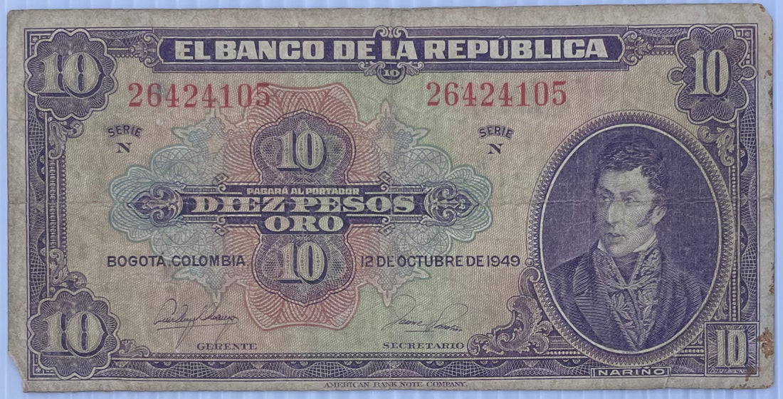 1949 Columbia 10 Pesos P-389 Circulated World Banknote