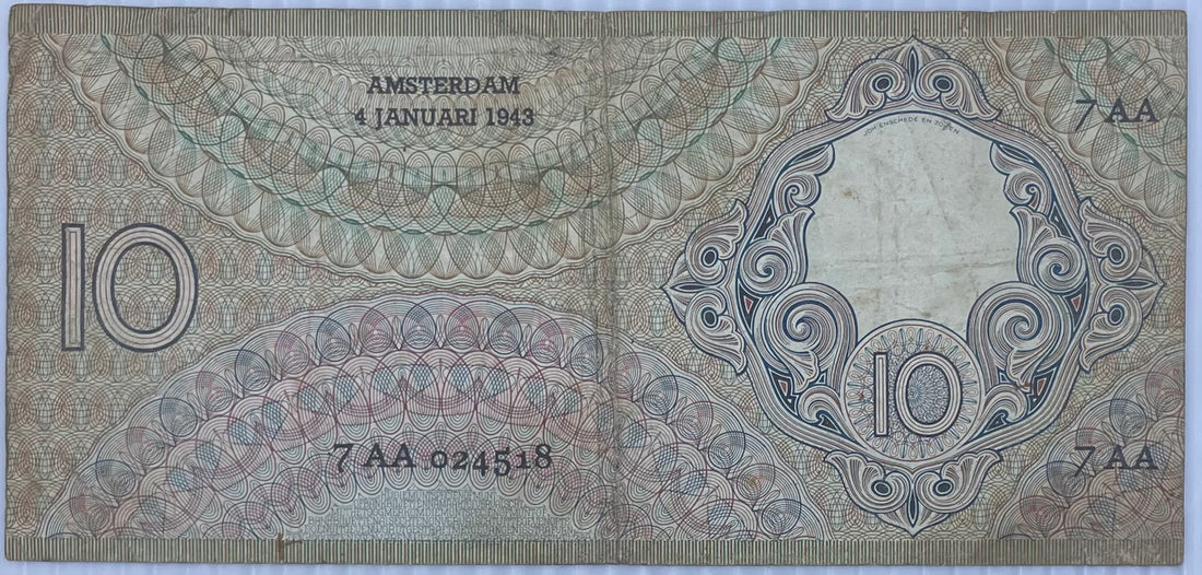 1943 Netherlands 10 Gulden P-58 Used World Banknote