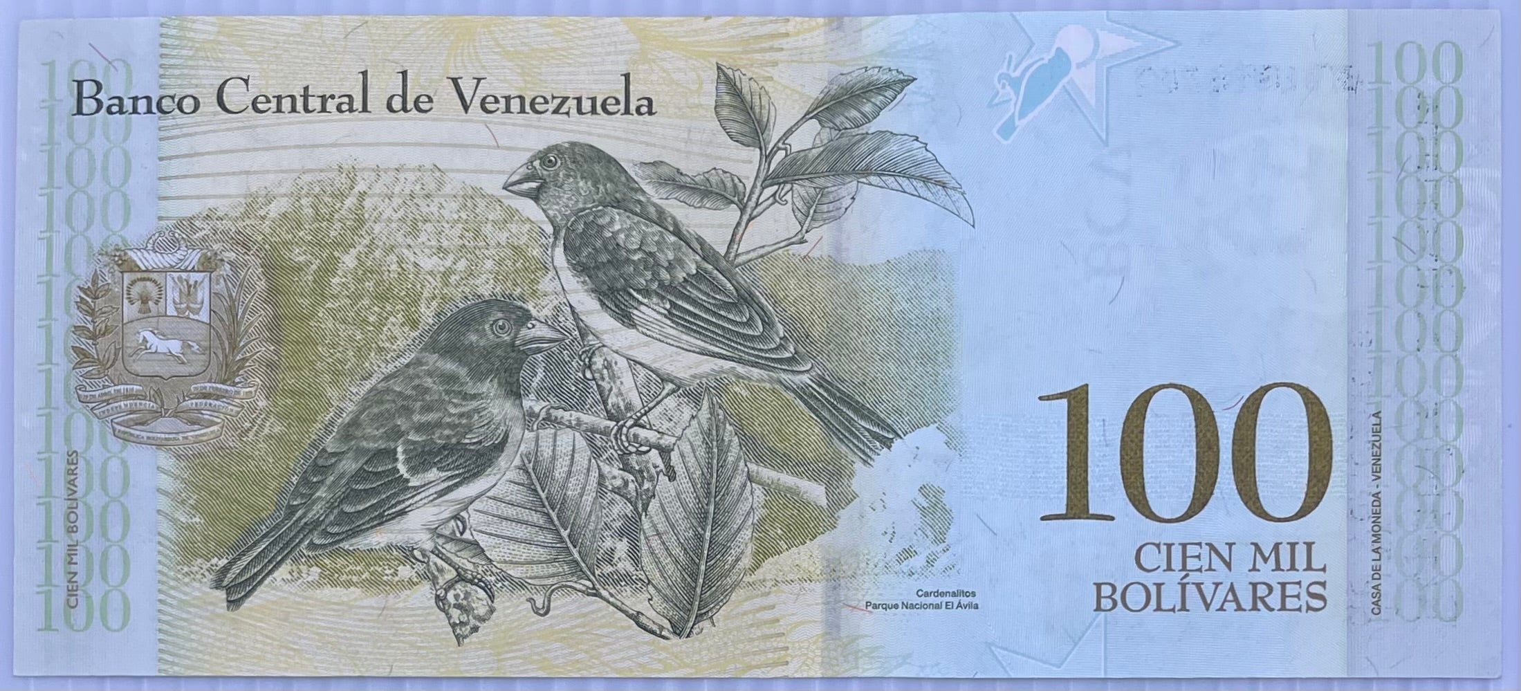 2017 Venezuela 100,000 Bolivares banknote featuring Simón Bolívar portrait, Venezuelan flag and coat of arms, uncirculated condition