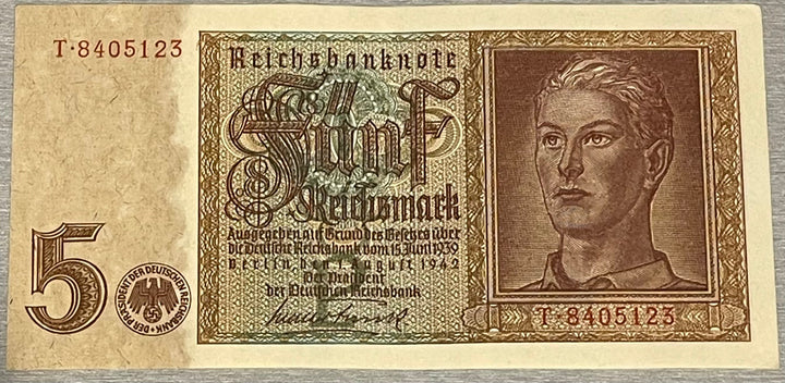 Germany 1942 5 Mark P-186 WW2 used German banknote with historical WWII design