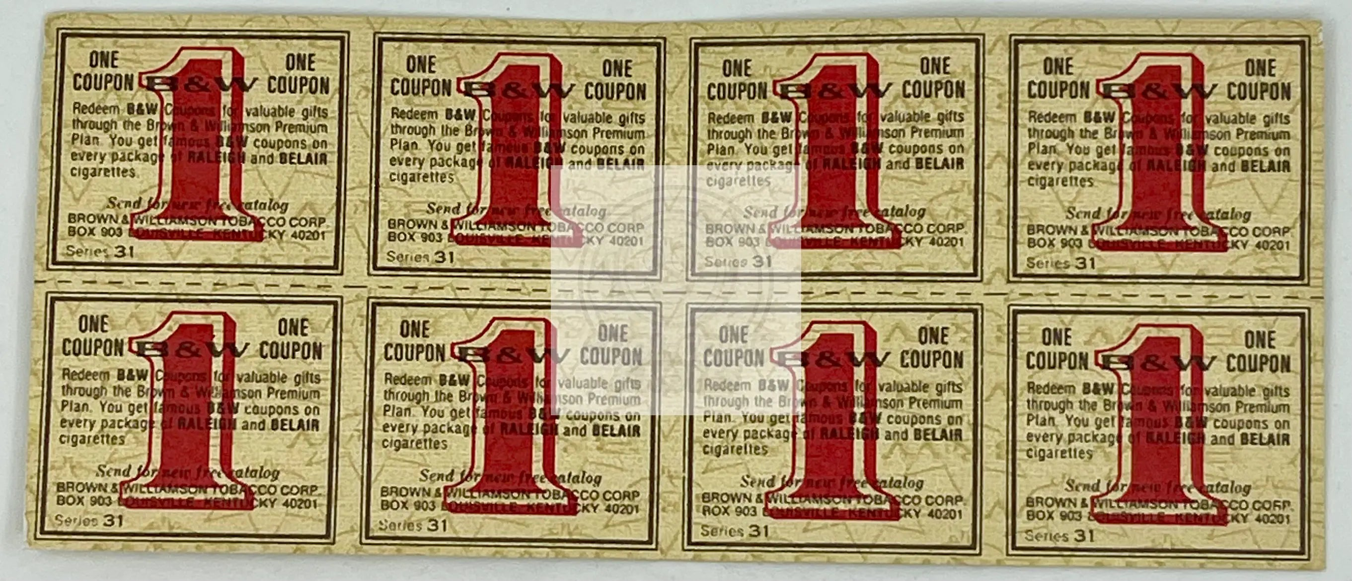 Set of 8 vintage Brown & Williamson Raleigh and Belair coupons from Series 31