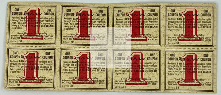 Set of 8 vintage Brown & Williamson Raleigh and Belair coupons from Series 31