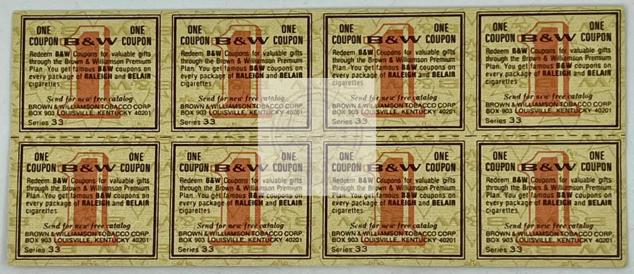 Set of 8 vintage Brown & Williamson Raleigh and Belair coupons from series 33
