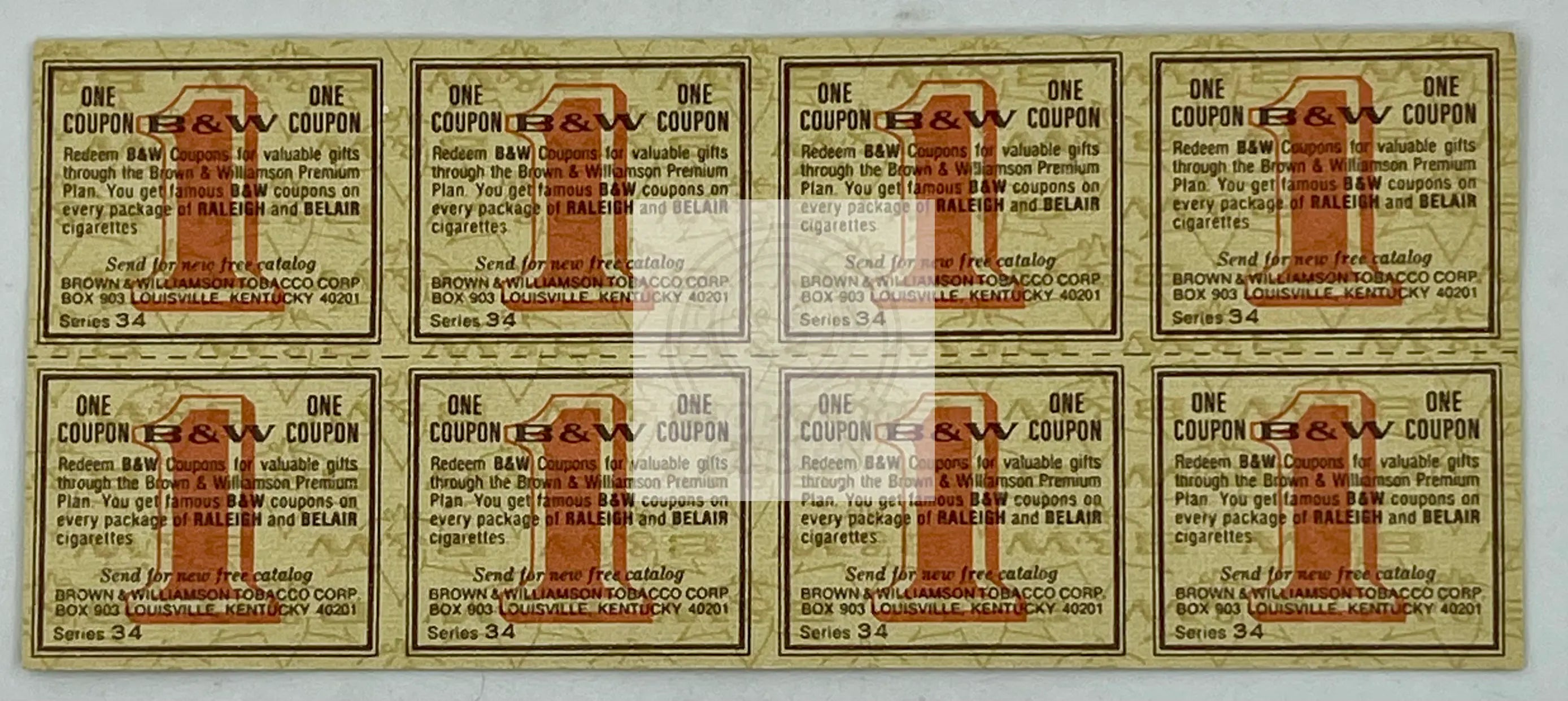 Set of 8 vintage Brown & Williamson Raleigh and Belair coupons from Series 34
