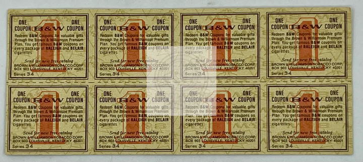 Set of 8 vintage Brown & Williamson Raleigh and Belair coupons from Series 34