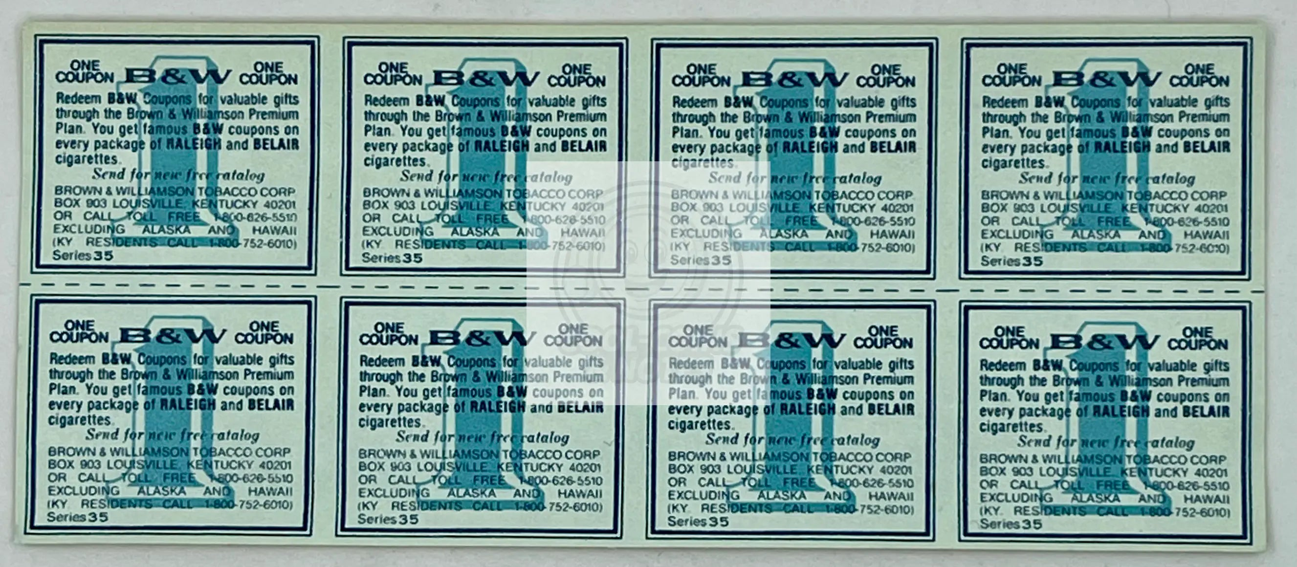 Set of 8 vintage Brown & Williamson Raleigh and Belair tobacco coupons from series 35