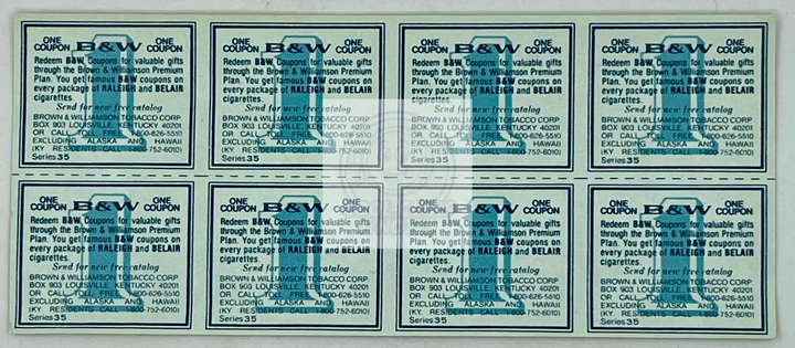 Set of 8 vintage Brown & Williamson Raleigh and Belair tobacco coupons from series 35