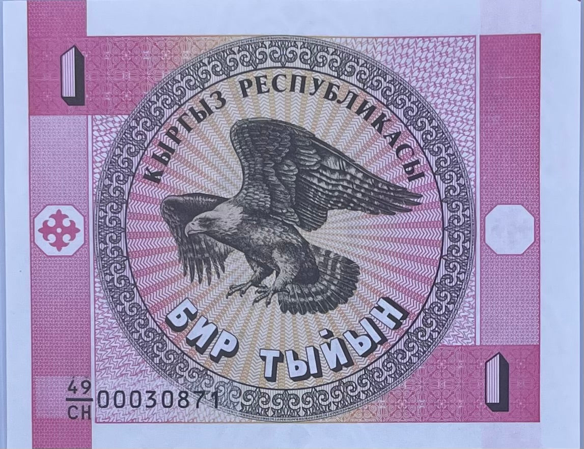 1993 Kyrgyzstan 1 Tyiyn banknote featuring national symbols and cultural design