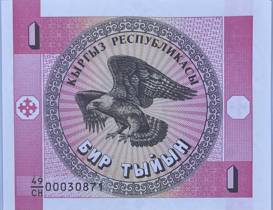 1993 Kyrgyzstan 1 Tyiyn banknote featuring national symbols and cultural design