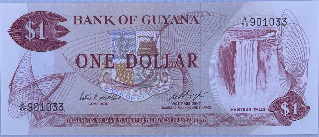 Guyana 1 Dollar banknote 1983 uncirculated signature 6 P-21e vibrant colors